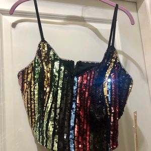 Aqua (brand) Sequined Multi-Colored Crop Top; Spaghetti Straps NWT  Sz L